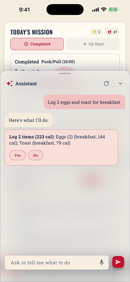 The Assistant asked to log 2 eggs and toast, showing the items and calories with Yes and No buttons