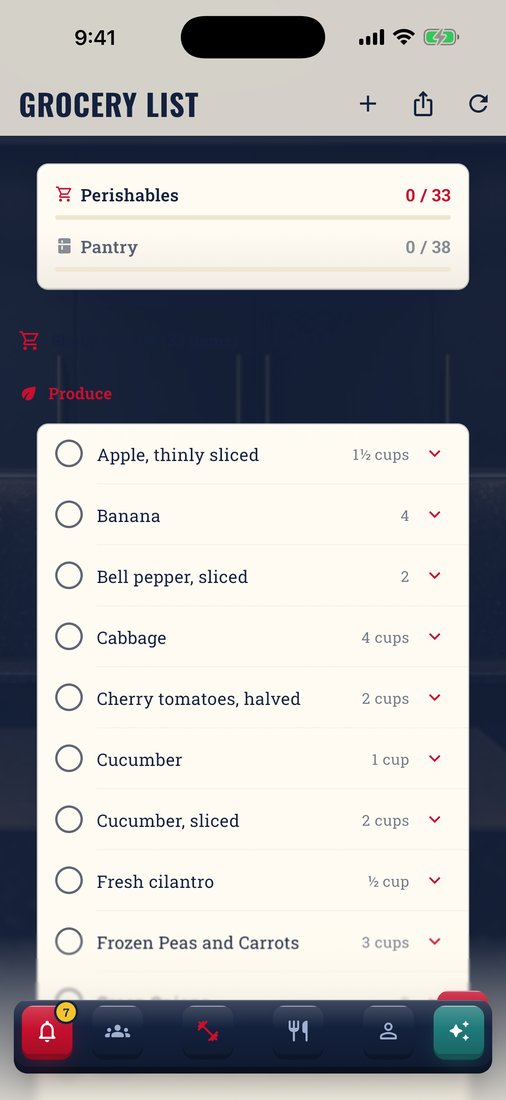 The grocery list grouped by aisle, with quantities added up for the week